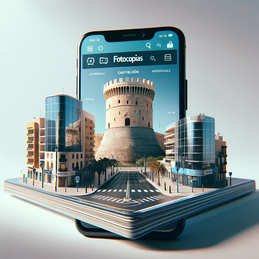 Una imagen representativa de un servicio de fotocopias en línea, con máquinas de fotocopiado y una interfaz digital visible